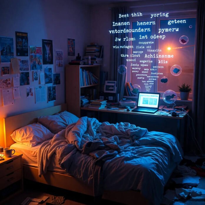 Cluttered bedroom with floating random words at night.