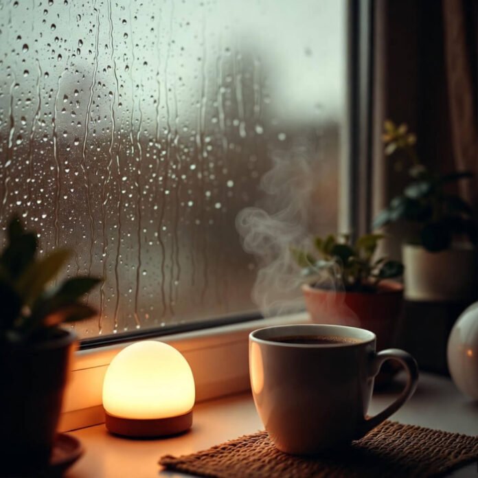 Rainy window with coffee mug and glowing light.