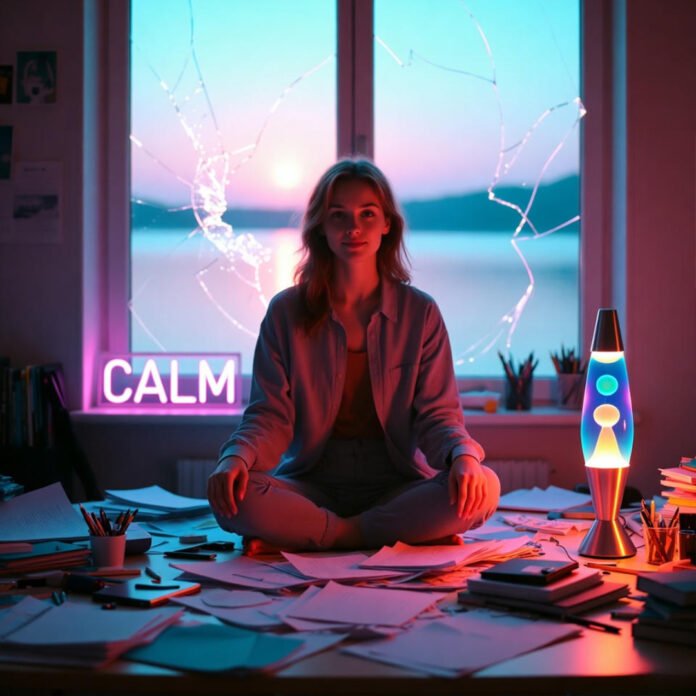 Me trying to find calm amid total desk chaos with a lava lamp glow and neon vibes