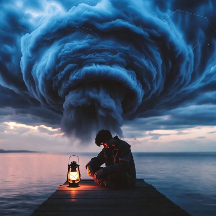 Lone figure meditating under stormy sky with lantern.
