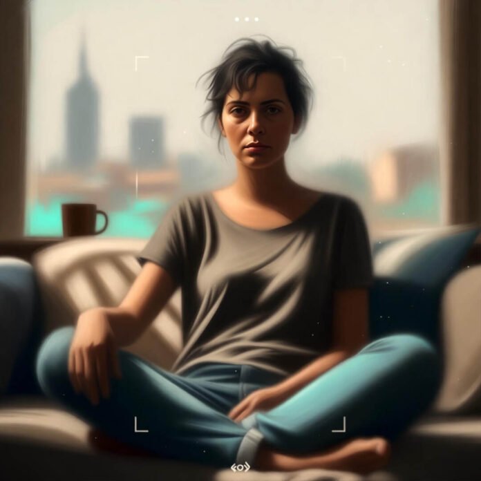 Person meditating casually on couch with city view.