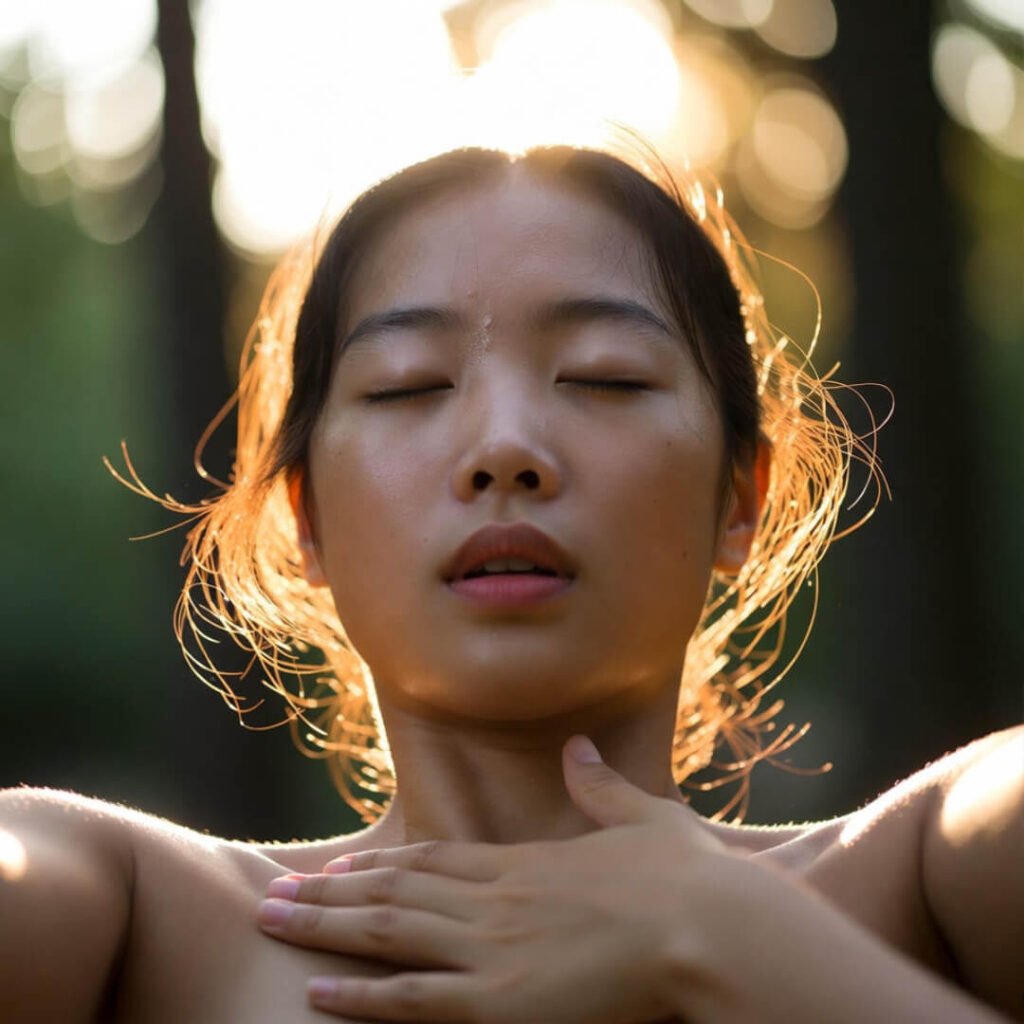 Deep breathing at golden hour sunset outdoors.
