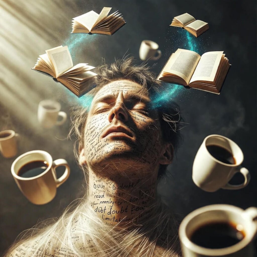 Person emerging from doubt cocoon with books and coffee.