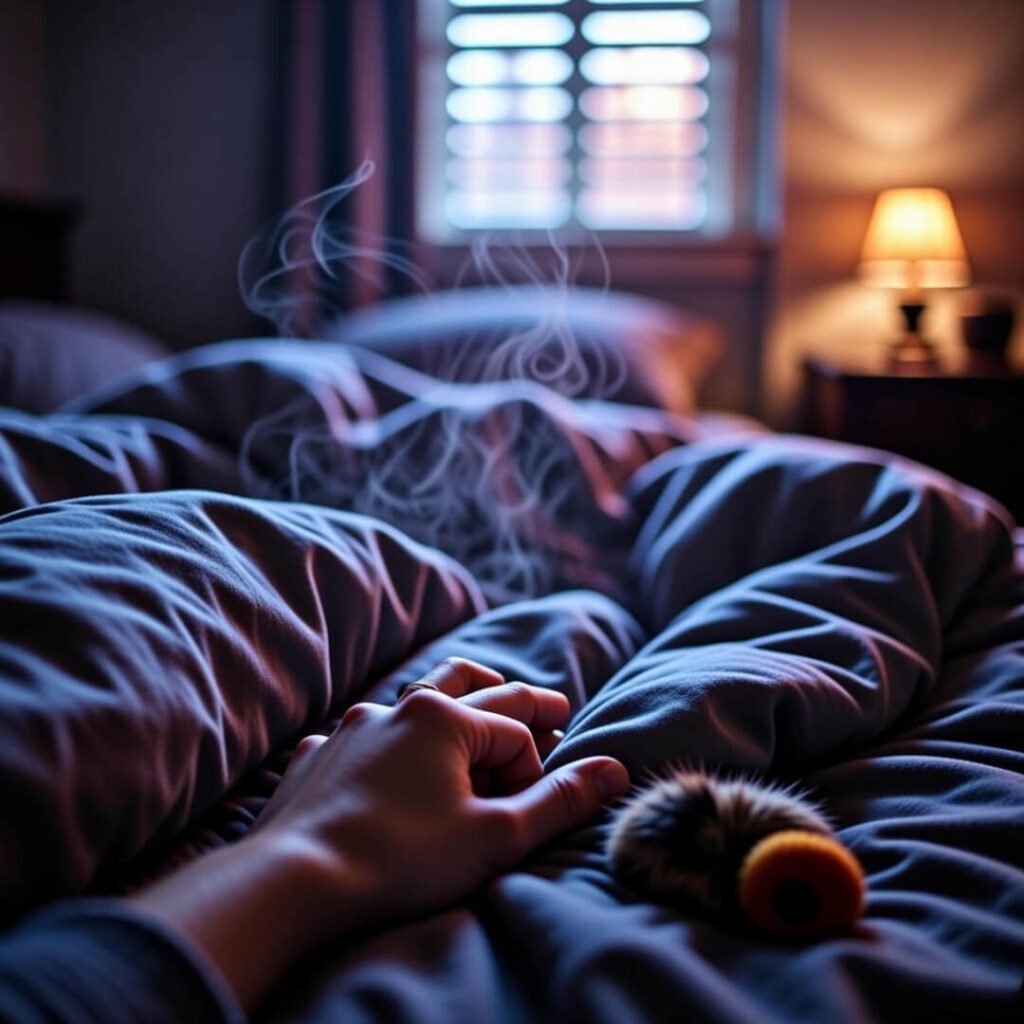 Hand clutching blanket under dim streetlight with lavender mist and cat toy