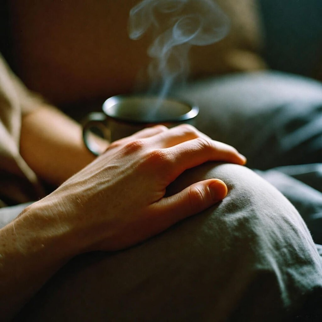 Hand on blanket knee with steaming mug nearby.