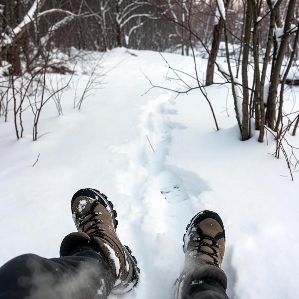 Boots walking in fresh snow, mindful winter stride.