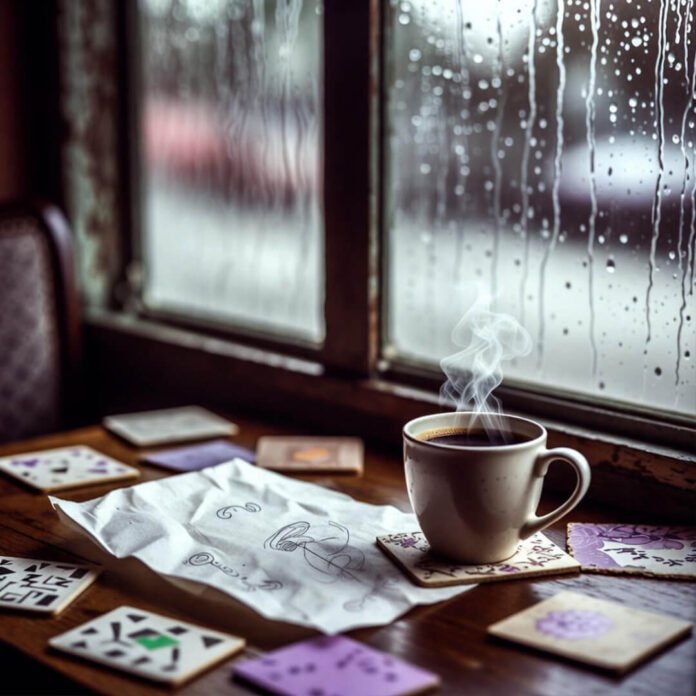 Rainy cafe table with steaming coffee and thought doodles.