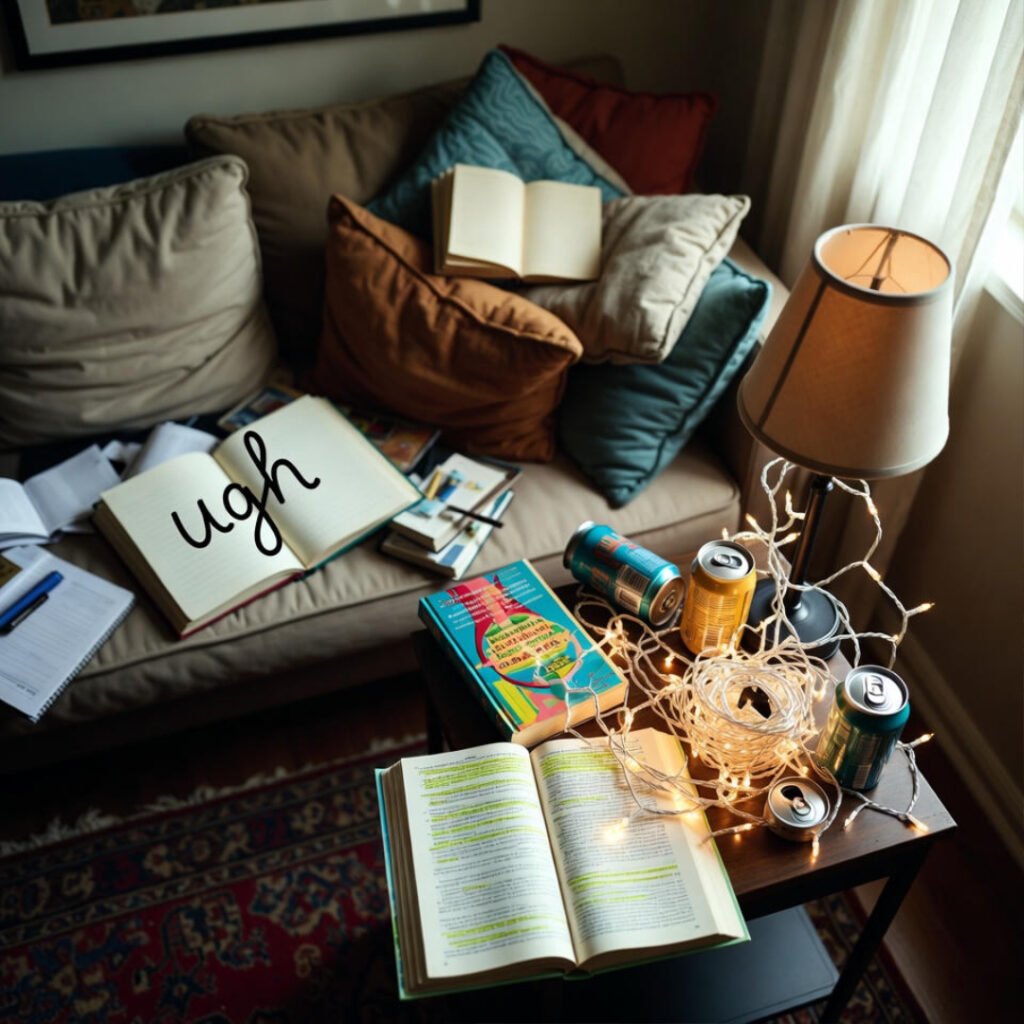 Messy side table: "ugh" notebook, empty cans, tangled fairy lights, self-help book.
