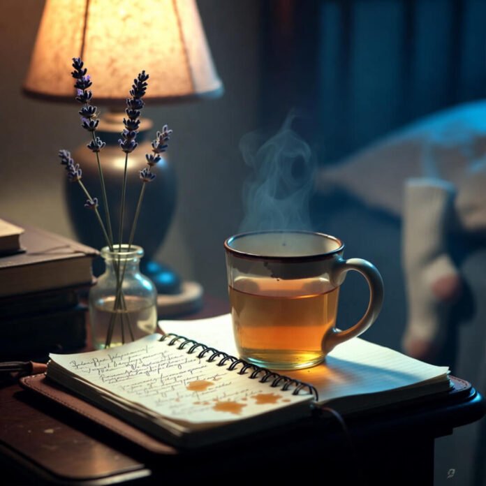 Cozy bedside tea, notebook, and sock for winding down.