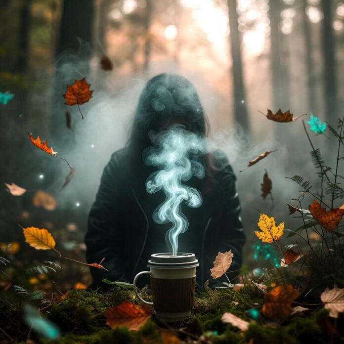 Misty forest breath meditation with forgotten coffee mug