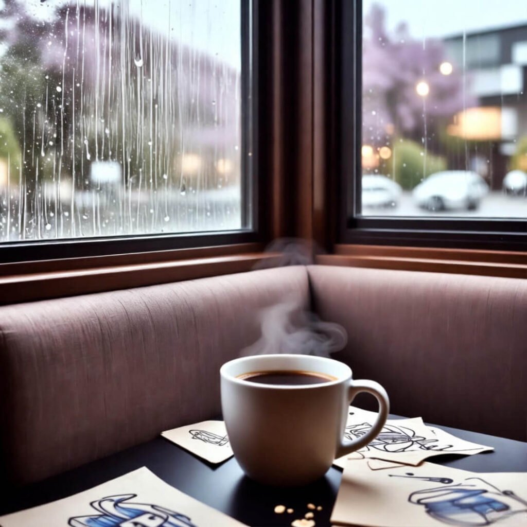 First-person rainy window view with coffee and napkins.