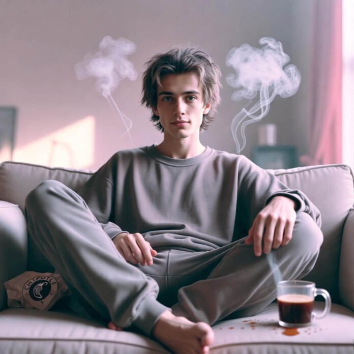 Casual guy meditating on couch with thought smoke.
