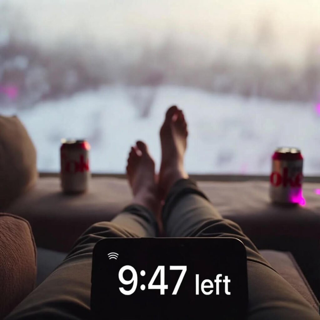 Awkward legs crossed, meditation timer, snowy window.