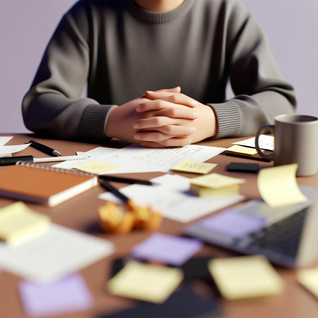 Messy desk with clasped hands and scattered notes.