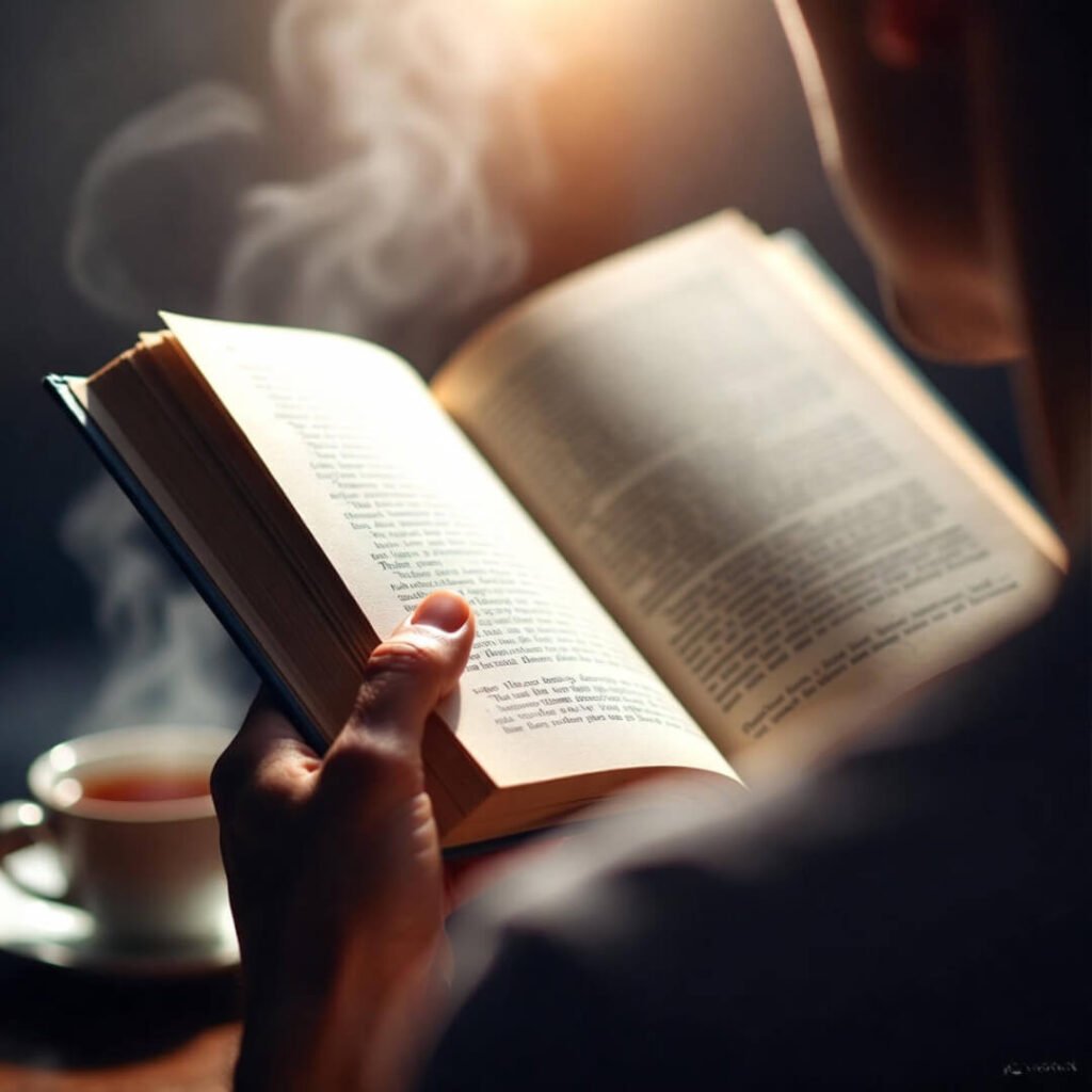 Reading worn paperback with tea, no screens in sight.