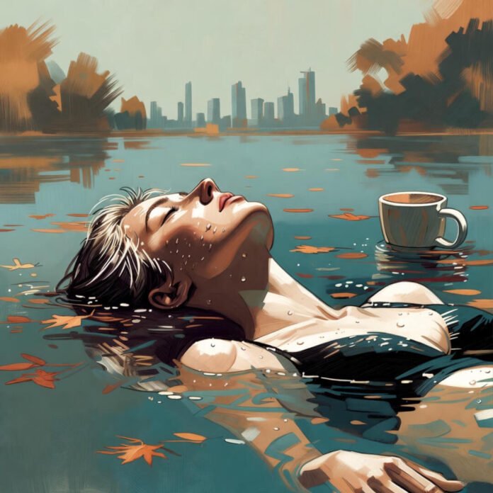 Floating relaxed in water with coffee mug and leaves.