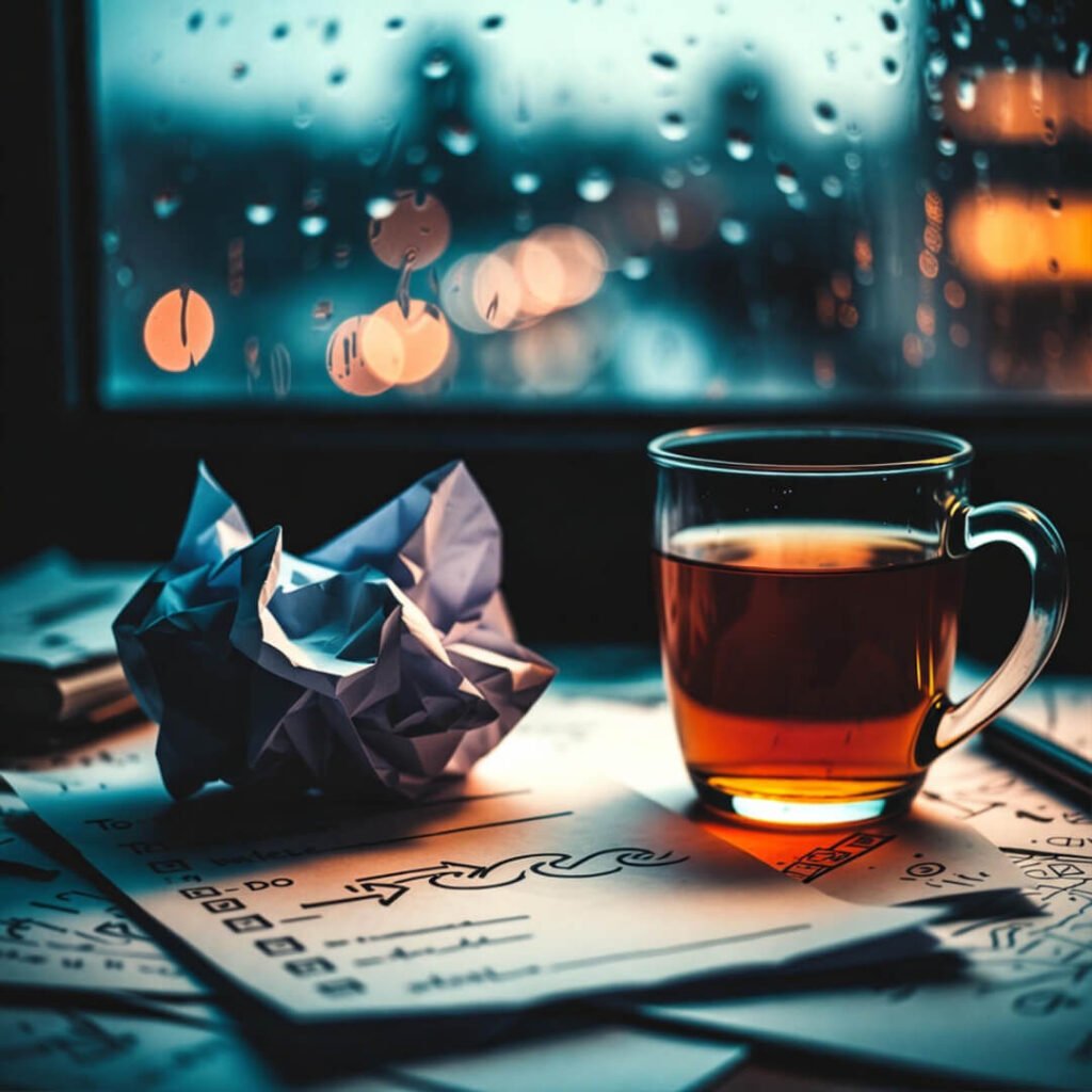 Crumpled to-do list and cold tea by rainy window.