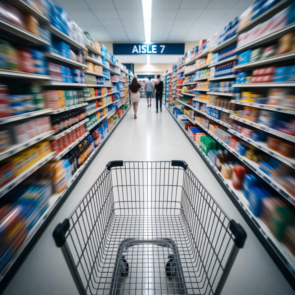 Abandoned grocery cart in empty fluorescent aisle.