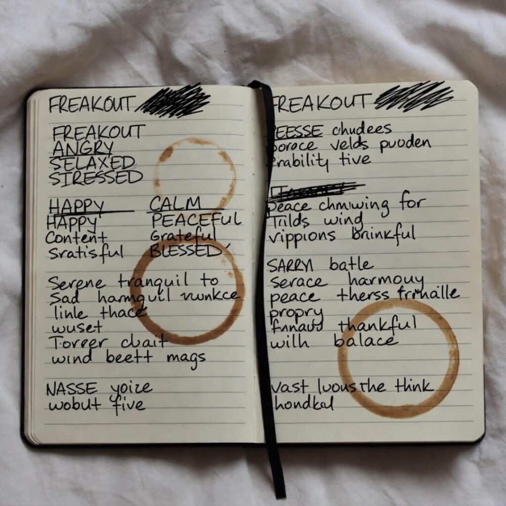 Messy journal with coffee stains and evolving rants.