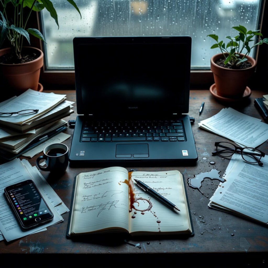 Messy desk with spilled coffee and notifications.