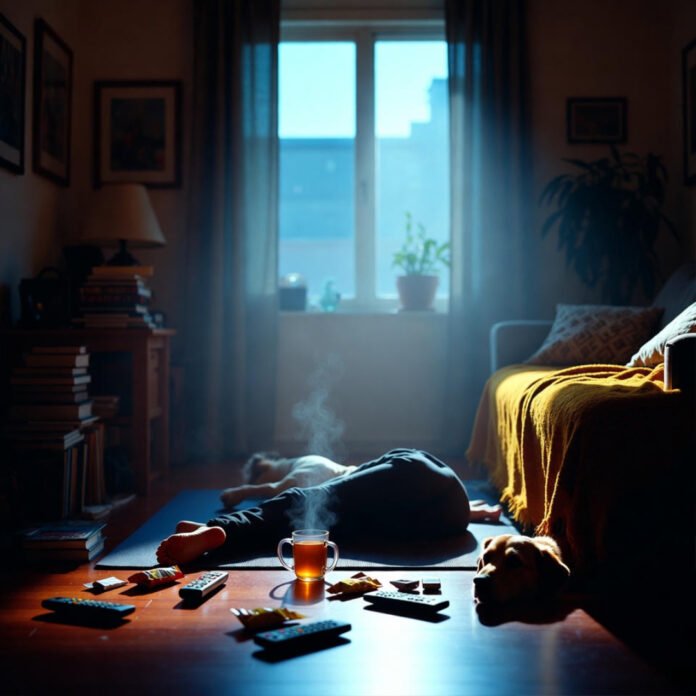 Sprawled on yoga mat amid chaos, dog watching.