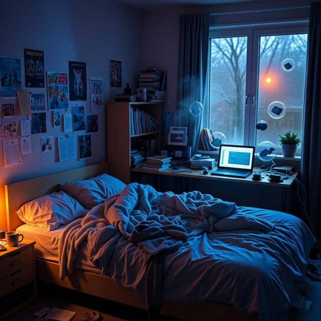 Frosty cold bedroom with visible breath steam.