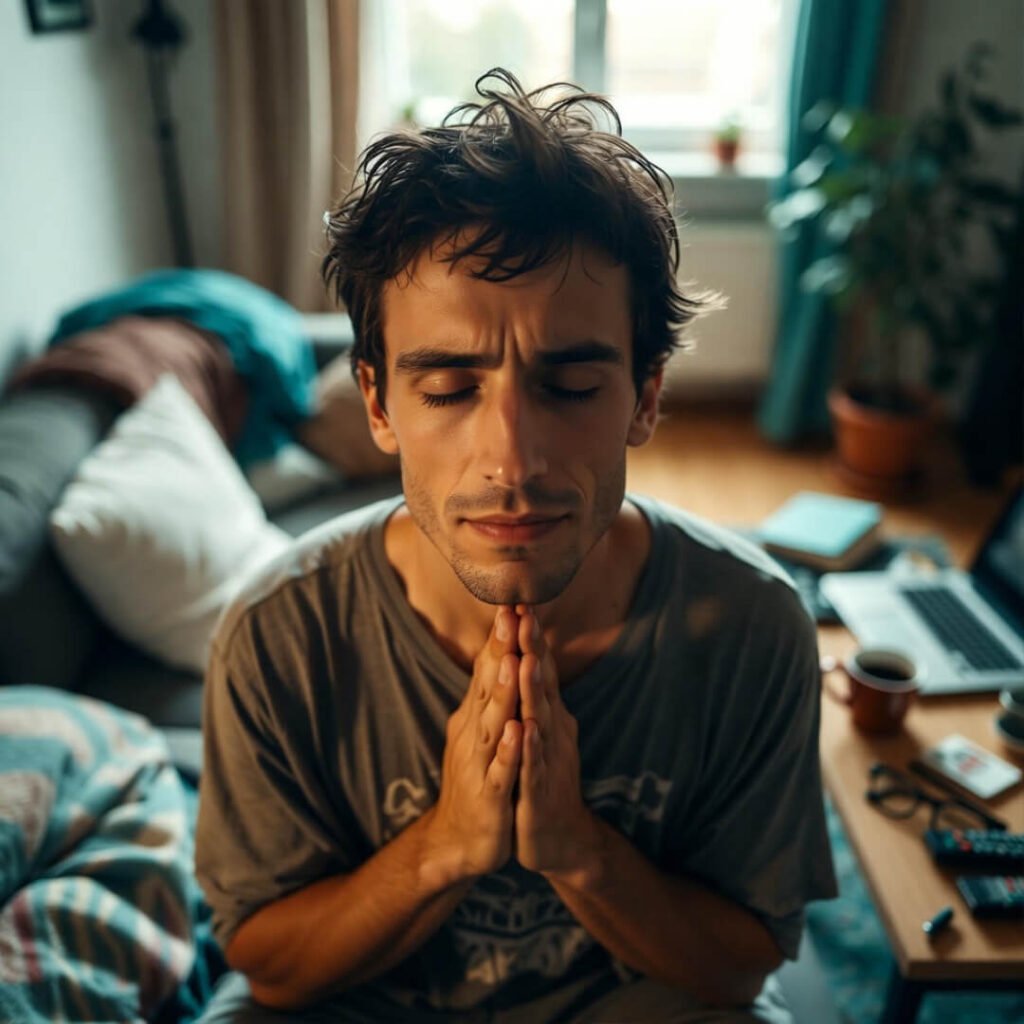 Messy apartment couch meditation with morning light.