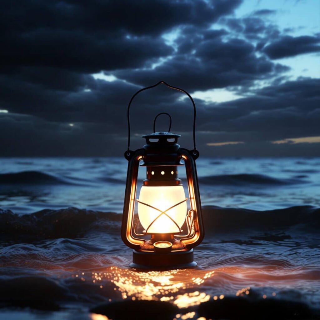 Glowing lantern reflecting in rippling water amid dark clouds.