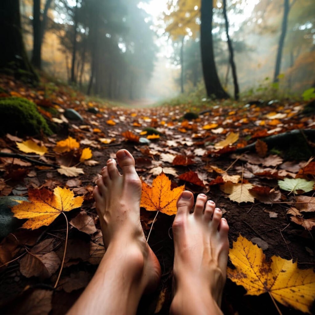 Barefoot on autumn forest path in mist.