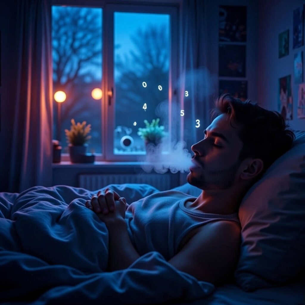 Close-up breathing with jumbled counting numbers.