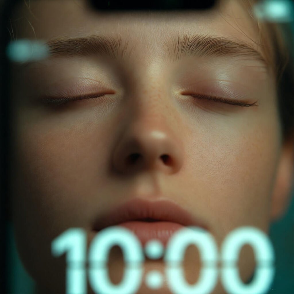 Close-up relaxed face with 10-minute timer overlay.