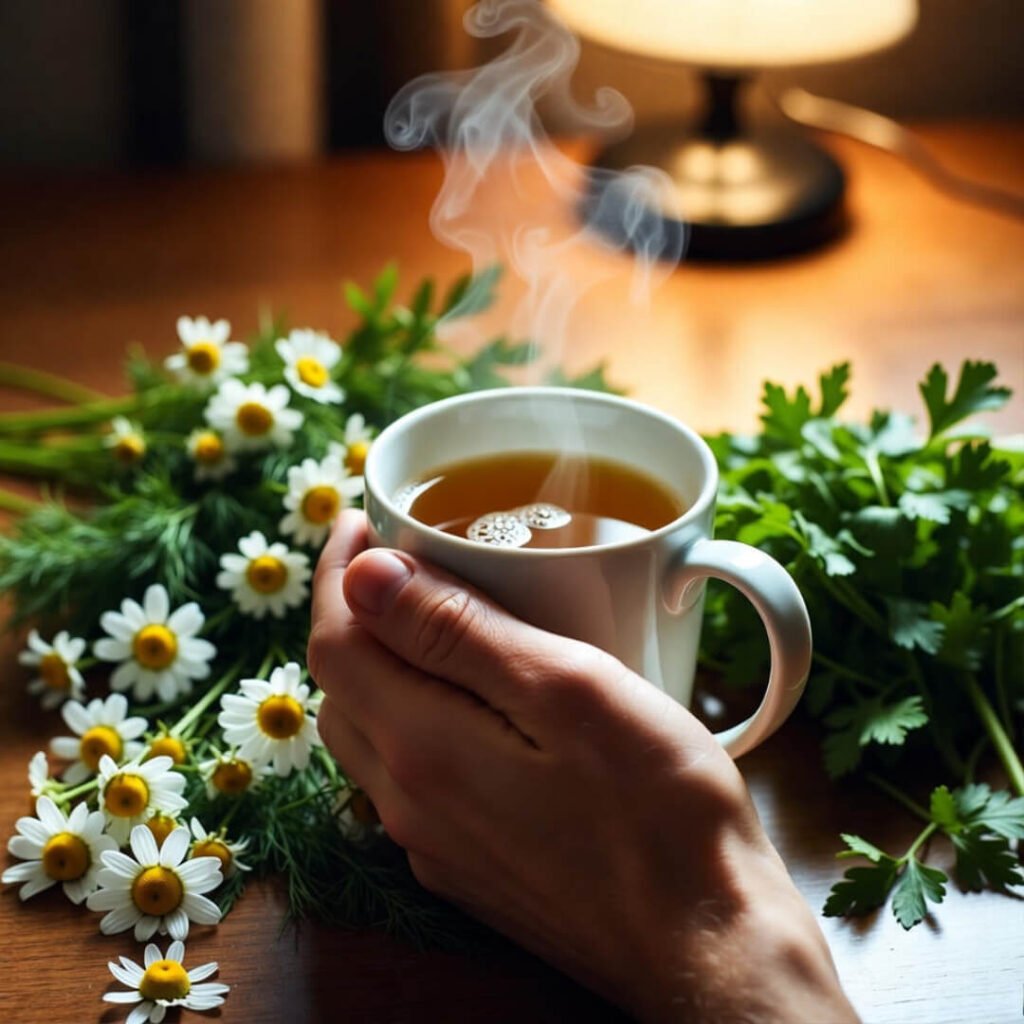 Hand holding steaming herbal tea with herbs.