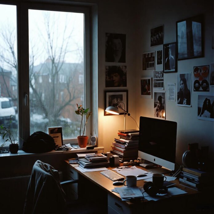 Rainy messy desk view, exhaustion to relief moment.