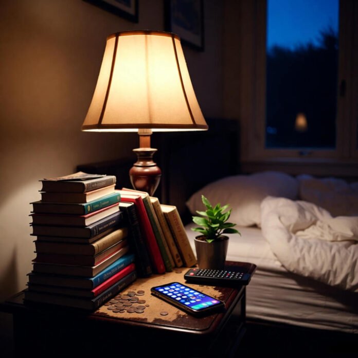 Cluttered nightstand with glowing phone at night.
