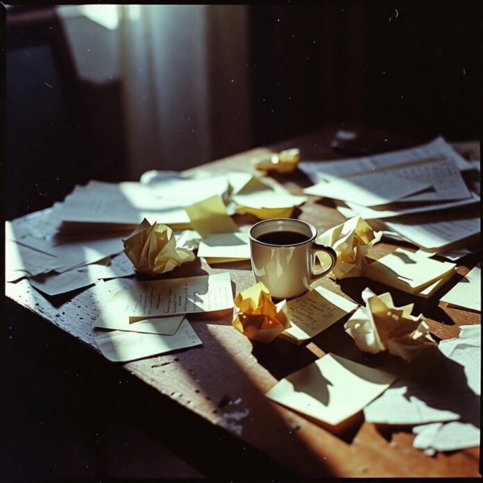 Cluttered table with coffee, notes, and sunlight dust motes.