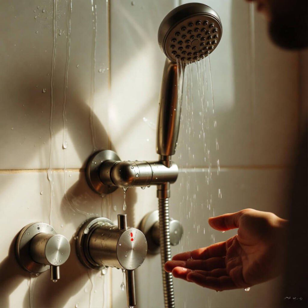 Hesitant hand testing icy shower water droplets.