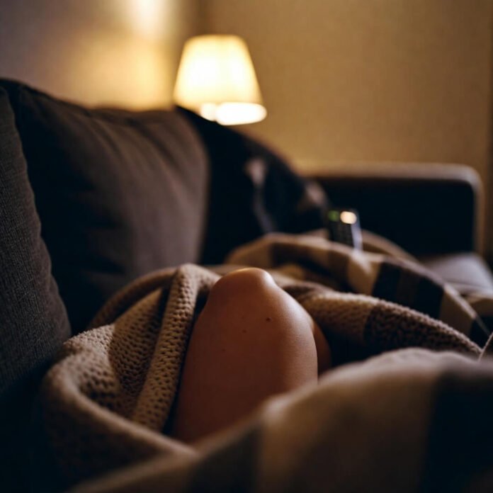 Cozy knee under blanket on dim-lit couch with remote.