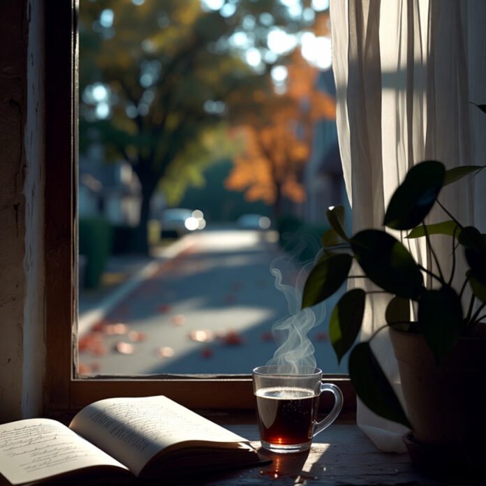 Steaming coffee and journal by sunny autumn window.