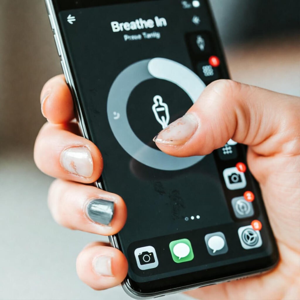 Chipped nails holding phone with breathing app and notifications.
