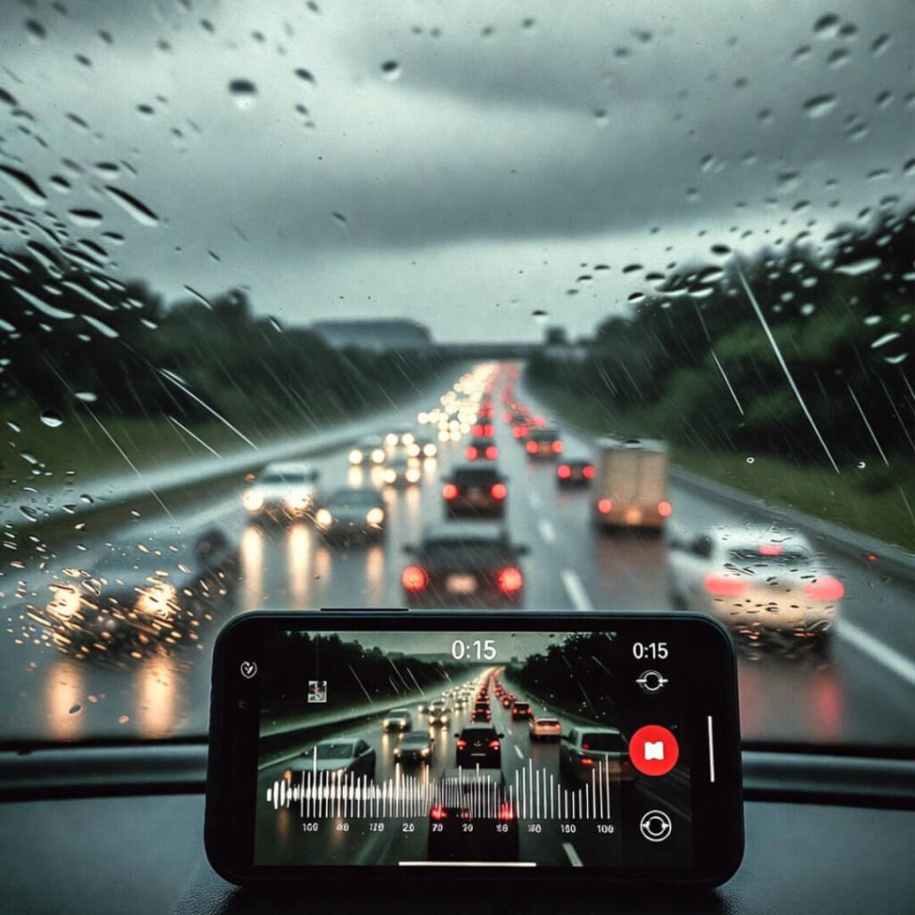 Rainy traffic jam with voice memo recording.