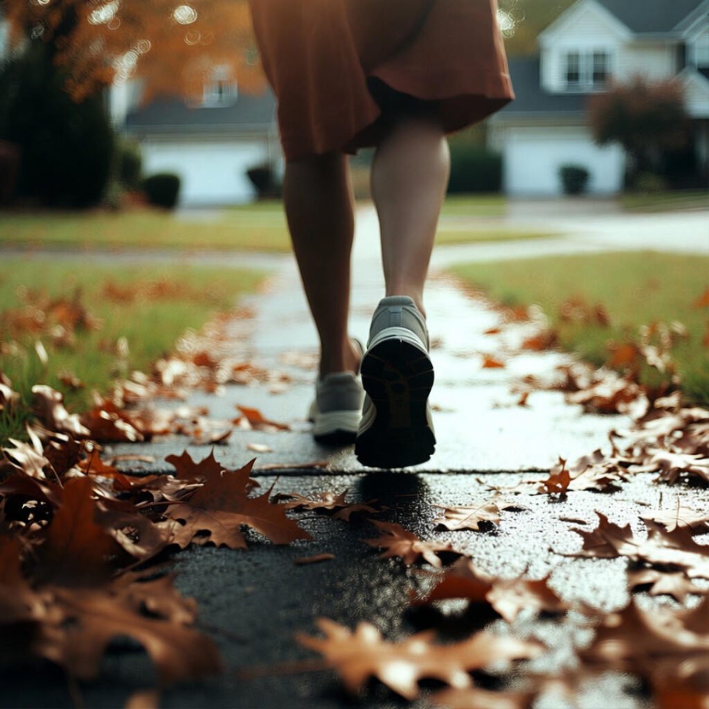 Sneakers stepping on leaf-strewn suburban sidewalk.