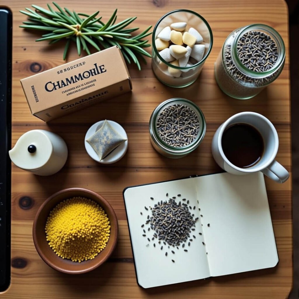 Scattered herbal teas and journal on counter.