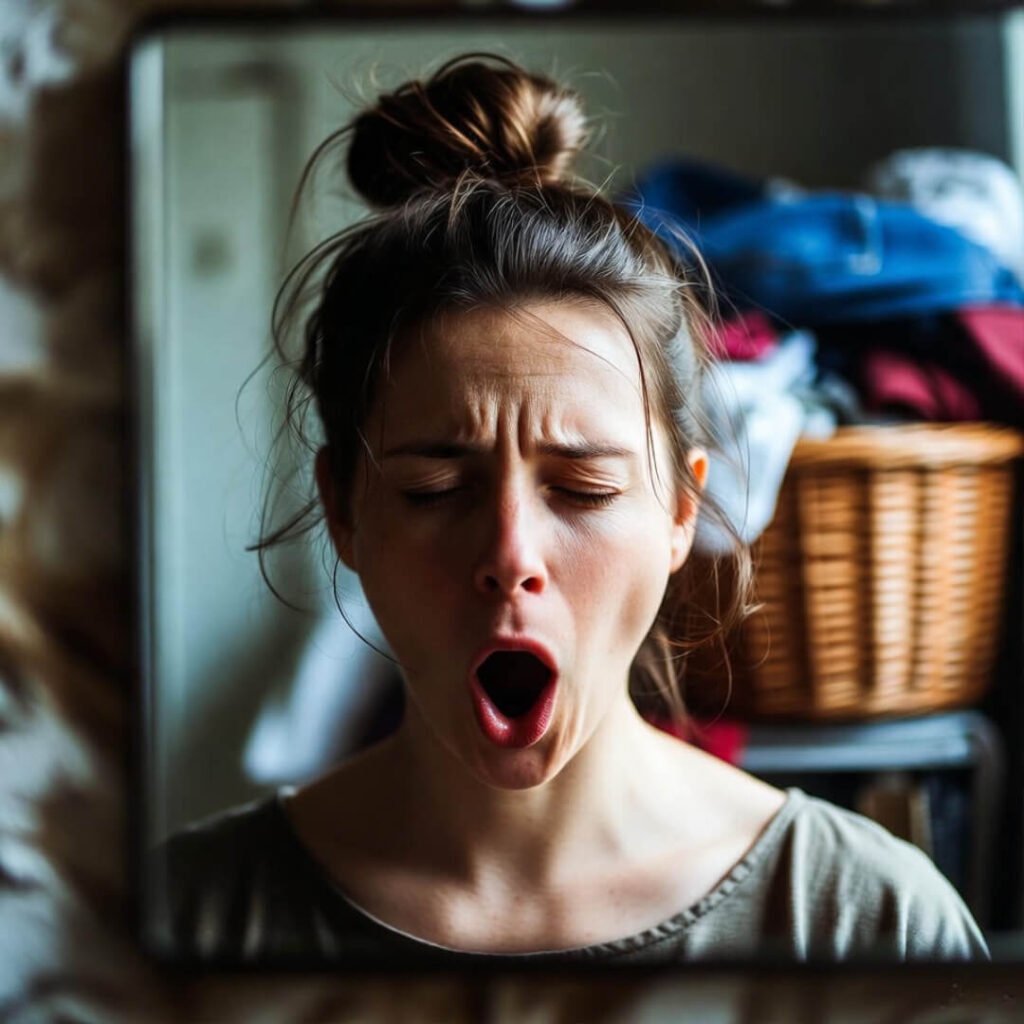 Messy bun, wide yawn in mirror, overflowing laundry behind.
