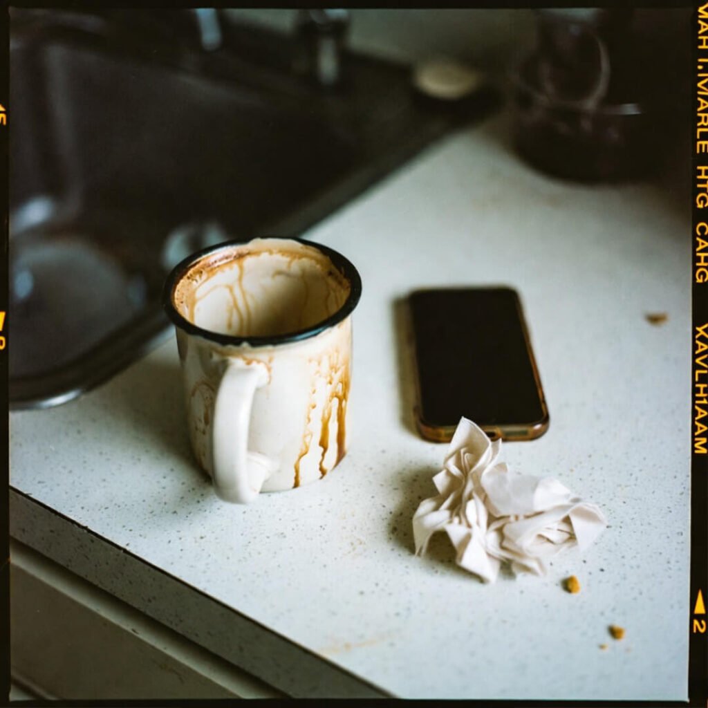 Messy counter with stained mug and distant phone.