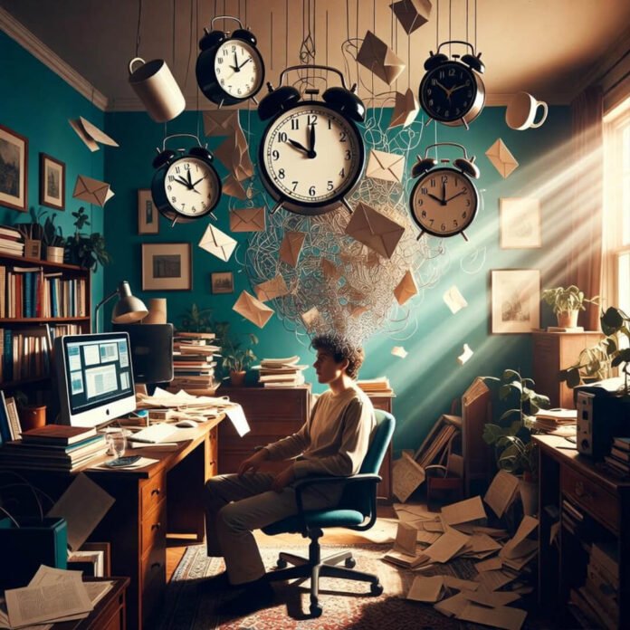 Surreal cluttered office with floating clocks and emails dissolving into light.