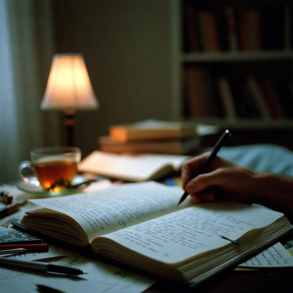 Open journal with pen and tea under dim lamp.