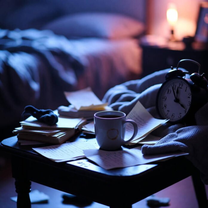 Cluttered nightstand with tea, journal, and lavender for sleep rituals
