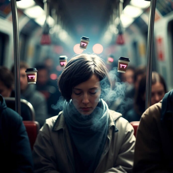 Meditating on crowded subway with floating coffee cups.
