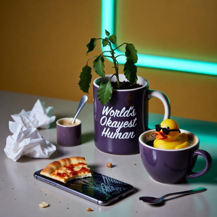 Cluttered counter with pizza on cracked phone, dying plant, chill rubber duck.