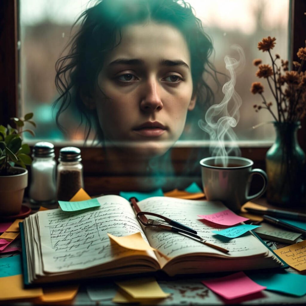 Dawn journal and coffee with weary reflection.